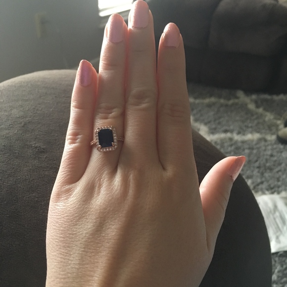 Rose Gold Square Blue CZ Stone Accent Ring - Picture 3 of 6